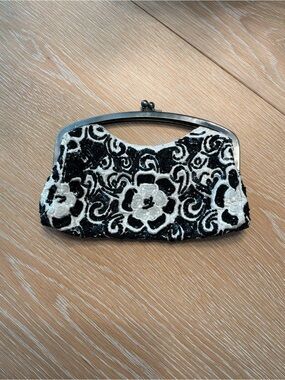 White House Black Market Black & White Beaded Floral Frame Clutch